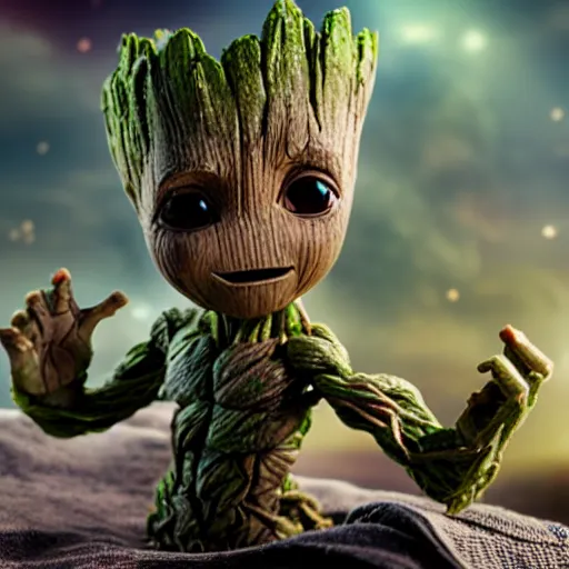 Image similar to baby groot getting bigger, meaner and transforming into hulk, big muscles, mutant, dc universe, bokeh, high quality dof