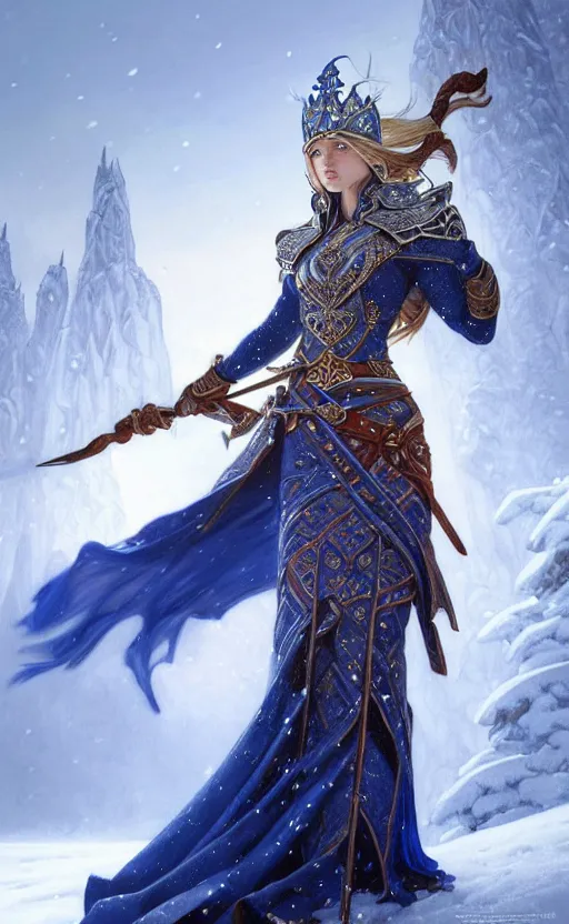 Image similar to sapphire viking warrior, regal, elegant, winter, snow, beautiful, stunning, hd, illustration, epic, d & d, fantasy, intricate, elegant, highly detailed, wide angle, digital painting, artstation, concept art, smooth, sharp focus, illustration, wallpaper, art by artgerm and greg rutkowski and alphonse mucha and jin xiaodi