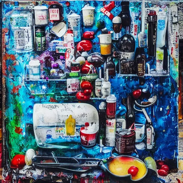 Prompt: “ pharmacy, street hawkers, medical supplies, pills and medicine, medicinal herbs, a candle dripping white wax, squashed berries, berry juice drips, acrylic and spray paint and oilstick on canvas, surrealism, neoexpressionism ”