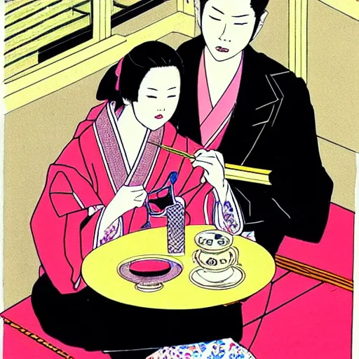 Image similar to Japanese beauty wrapped in a snake having tea with her husband by Toshio Saeki, high detailed