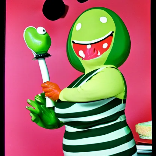 Image similar to 1976 a curvy woman vintage kitchen baking a cake wearing an inflatable long prosthetic snout nose made of gooey green slime, has growths of inflatable plastic on her skin, soft color wearing stripes, pink slime everywhere, light beige polka-dot walls, studio lighting 1976 color film archival footage holding a hand puppet that looks like Caspar the Friendly Ghost, 16mm Russ Meyer John Waters Almodovar Doris Wishman