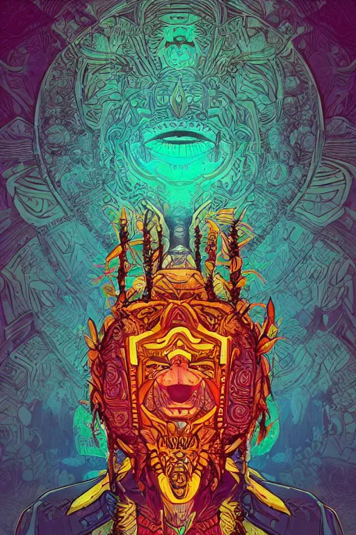 Image similar to totem animal tribal chaman vodoo mask feather gemstone plant video game illustration vivid color borderlands and by feng zhu and loish and laurie greasley, victo ngai, andreas rocha, john harris radiating a glowing aura