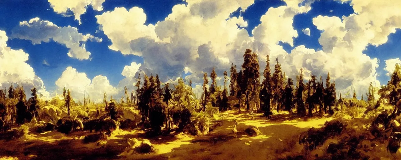 Image similar to disney illustrated background of blue sky huge clouds by eugene von guerard, ivan shishkin, john singer sargent