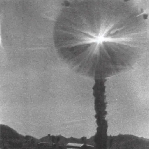 Image similar to a very bright flash in the sky, a large explosion in the distance, taken on a ww 2 camera, very high bloom ammount, realistic, the photograph is very dirty.