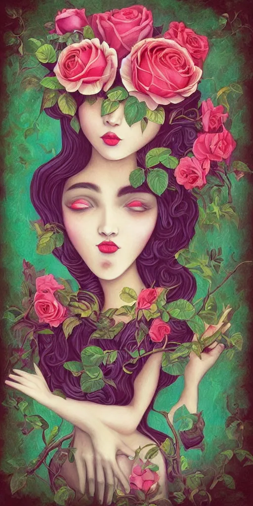 Prompt: a painting of a woman holding a rose, a surrealist painting by Jasmine Becket-Griffith, pinterest, pop surrealism, whimsical, art on instagram, surrealist ((((second face))))