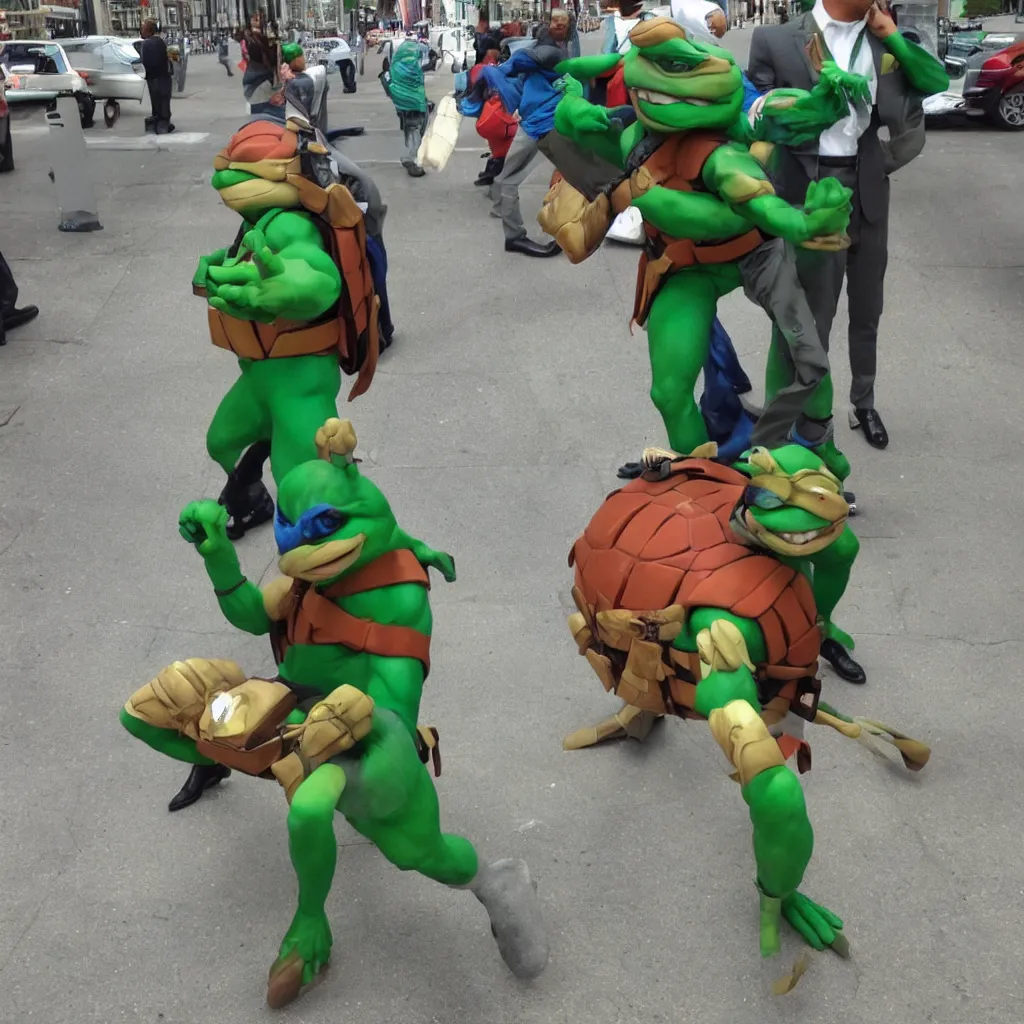 Image similar to a teenage mutant ninja turtle in a suit