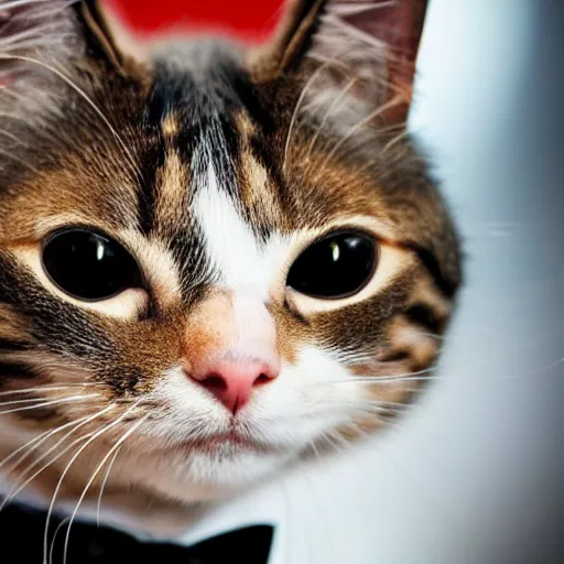 Image similar to a high detail closeup shot of a cat wearing a suit and smoking a cigar