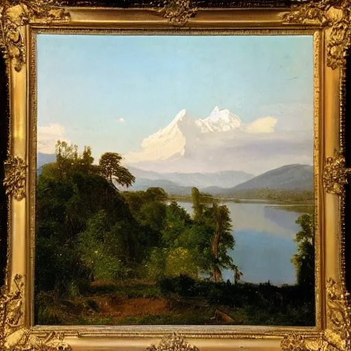 Prompt: a southern american landscape painting of a lake surrounded by trees and some mountains in the distance, a waterfall is right beside the lake, perfect summers day with beautiful white clouds, painting by frederic edwin church, early morning light