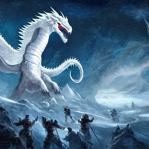 Image similar to a group of heros in a vast snowy landscape fighting a huge white dragon, night with Arora borealis, intricate and vivid detail, fantasy masterpiece, 4k resolution, trending on artstation