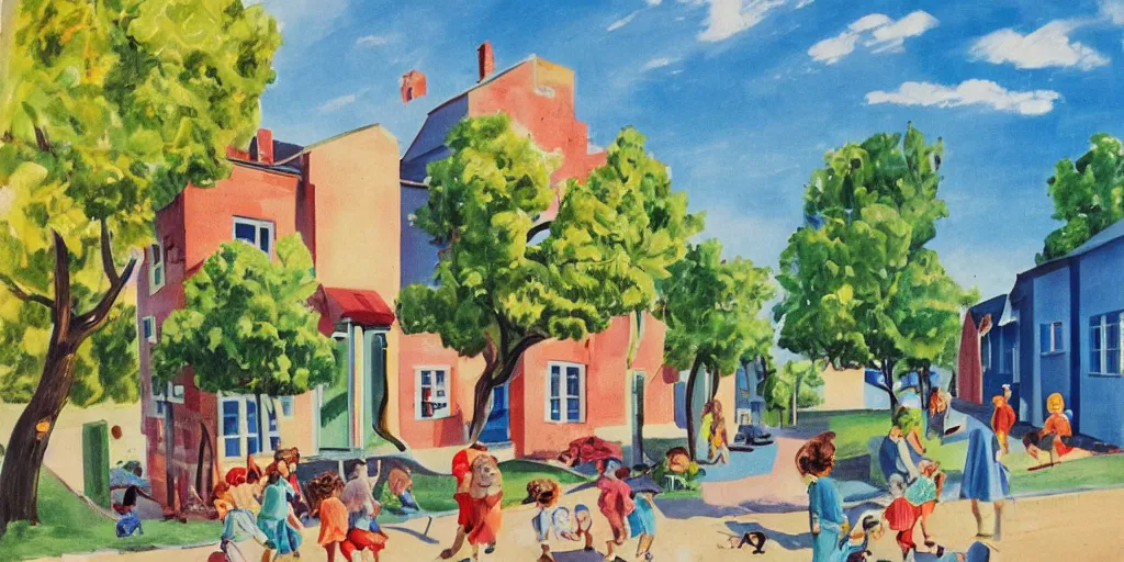 Image similar to 1 9 4 0 s corner of a concrete row house, painted in bright colors, children playing on the street, trees, blue sky, sunny day