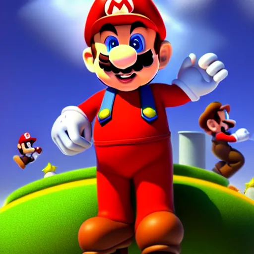 Prompt: super mario, perfect eyes, full body shot, portrait, vivid colors, elegant, concept art, sharp focus, digital art, Hyper-realistic, 4K, Unreal Engine, Highly Detailed, HD, Dramatic Lighting by Brom, trending on Artstation