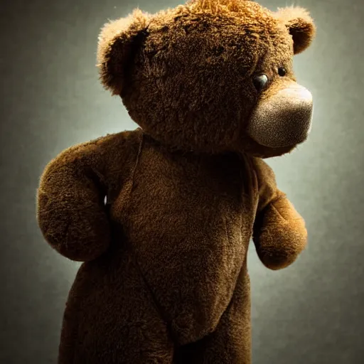 Image similar to Portrait studio photograph of Kanye West and also a anthropomorphic teddy bear, close up, shallow depth of field, in the style of Felice Beato, Noir film still, 40mm