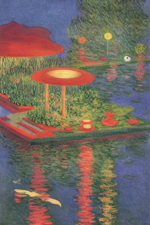 Prompt: cinematic aerial view of decorated surrealist lake garden at night by Edward Hopper and Claude Monet, garden lit by floating shoji lamps, Japanese 1920s art deco backyard design by Katsuhiro Otomo, the moon reflects in the water, the moon casts long exaggerated shadows, blue hour, hyper-detailed watercolor and pen illustration by Syd Mead and byJean Giraud, aerial view