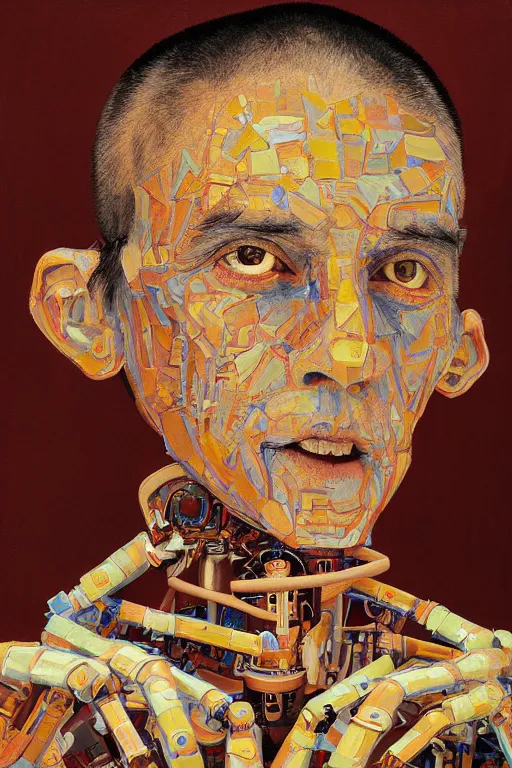 Image similar to robot monk painting a self - portrait on a canvas. intricate, highly detailed, photorealistic, film still, by christopher doyle.