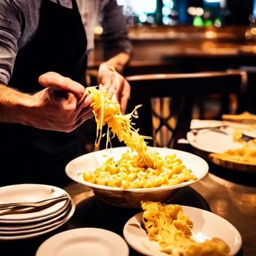 Image similar to a man standing in a busy restaurant while mac n' cheese projectile vomits from his open mouth. The cheese is everywhere. Photograph.