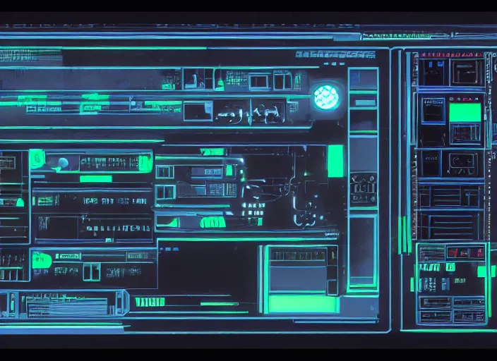 Prompt: simple cyberpunk graphics user interface ( gui ) depicting operational controls of a mech robot in the style of ghost in the shell. design by mark coleran or jayse hansen ( 1 9 9 1 )