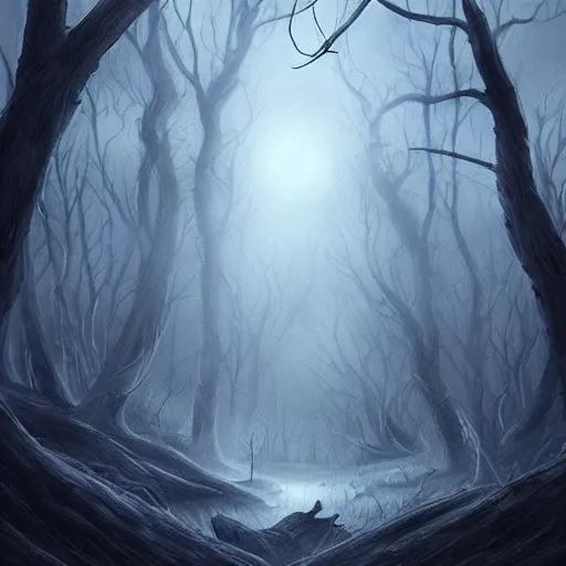 Image similar to a dark ominous forest, dead trees, moonlit, a ethereal ghost approaching, spooky digital artwork by Artgerm, trending on artstation