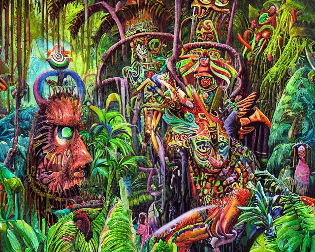 Image similar to surreal colorful nightmarish garden las pozas, mayan jaguar warrior, artwork by ralph bakshi