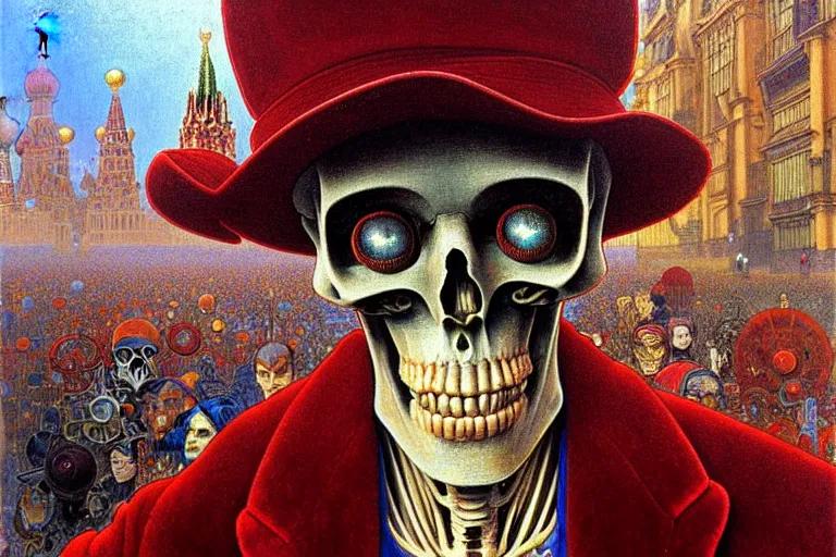 Image similar to realistic detailed closeup portrait painting of a single skeleton wearing red velvet blazer in a crowded futuristic moscow street by Jean Delville, Amano, Yves Tanguy, Alphonse Mucha, Ernst Haeckel, Edward Robert Hughes, Roger Dean, rich moody colours, blue eyes