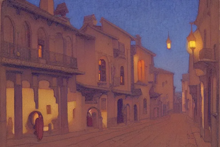 Image similar to winding street at twilight in a very old city by George Price Boyce and Nicholas Roerich and jean delville, glowing paper lanterns, strong dramatic cinematic lighting , ornate tiled architecture, lost civilizations, smooth, sharp focus, extremely detailed