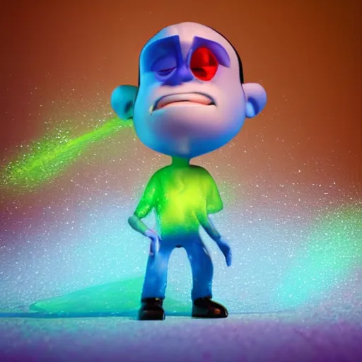 Prompt: single crazy melting plastic toy Pop Figure, C4d, by pixar, by dreamworks, in a Studio hollow, surrounded by flying particles