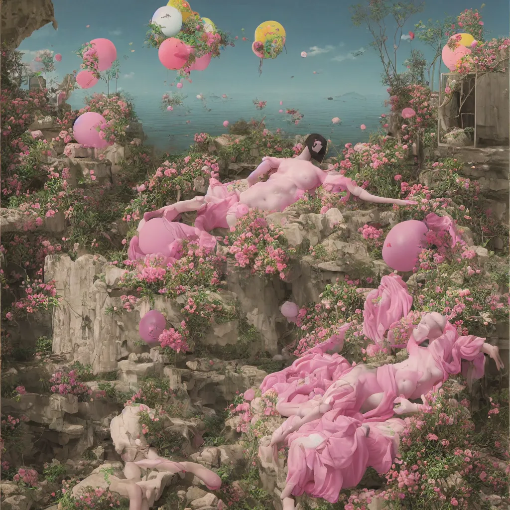 Image similar to liminal spaces, party balloons, checkered pattern, David Friedrich, award winning masterpiece with incredible details, Zhang Kechun, a surreal vaporwave vaporwave vaporwave vaporwave vaporwave painting by Thomas Cole of an old pink mannequin head with flowers growing out, sinking underwater, highly detailed