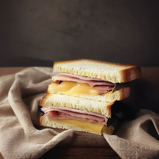 Prompt: a ham and cheese sandwich on bunny bread, sitting on a thick old book. 4 k, pinhole photograph