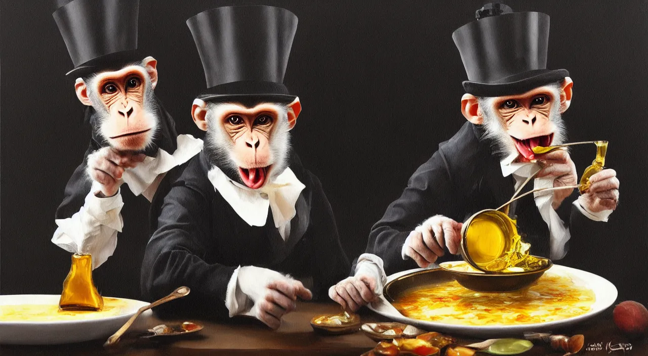 Prompt: a monkey with a top hat eating curry oil painting hyper - real trending on artstation