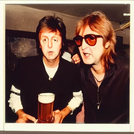 Image similar to Paul Mccartney and old John Lennon drinking beer at a dirty pub, 1990s, polaroid