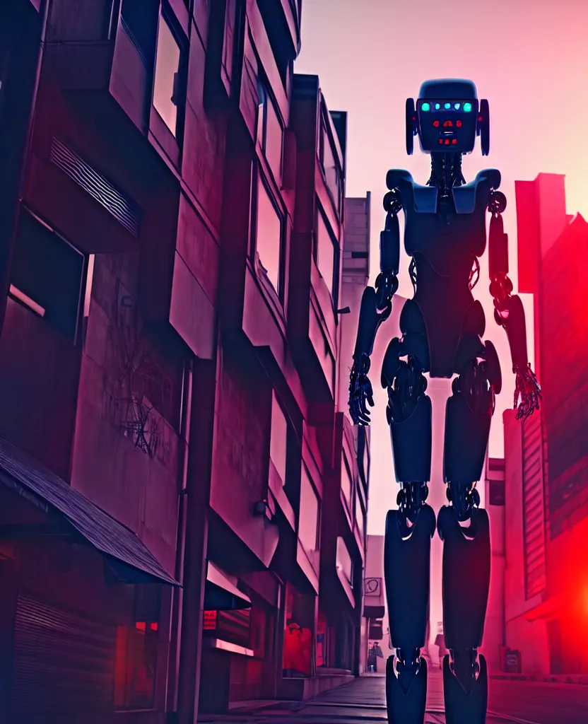 Image similar to a photo close up cyberpunk half robot half girl stands in a cyberpunk hiroshima, prefecture streets, sunset, photorealistic, cinematic lighting, very detailed, style by tomino - sama