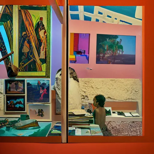 Image similar to An offset photography of an object on display, three colors, anthropology of wonder, (exotic artifacts), modernism, tropicalism, colonial expedition, exhibition, 60s style