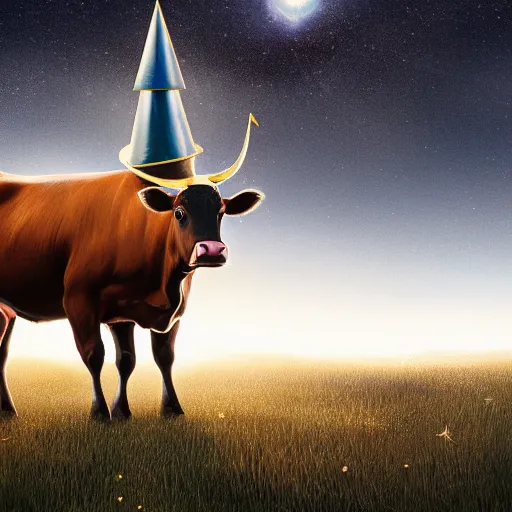 Prompt: a detailed picture of a cow made of stars wearing a pointy wizard hat standing in a grassy field, cow wearing hat!!! viewed in profile and far away, fog in the background, ultrawide lens, aerial photography, black and blue color scheme with gold highlights, art by kirby and greg rutkowski, artstation, 8 k