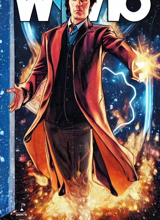 Image similar to A marvel comic book cover of the tenth doctor standing in front of the Tardis, daytime