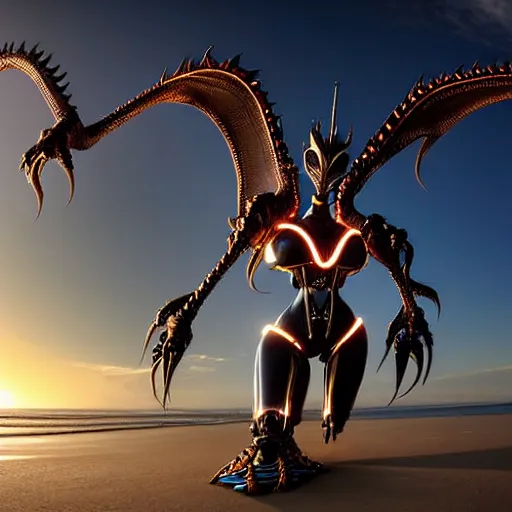 Prompt: worm's eye view from the floor, looking up, at a highly detailed 300 foot tall giant exquisite beautiful female warframe, as an anthropomorphic robot female dragon, with a cute female robot dragon head and glowing eyes, posing elegantly over you, two massive detailed high quality legs towering over you, at the beach on a sunset, sleek and streamlined matte black armor with glowing pink accents, sharp detailed claws, detailed sharp robot dragon feet, giantess shot, upward shot, ground view shot, front shot, cinematic shot, high quality warframe fanart, captura, realistic, professional digital art, high end digital art, , furry art, anthro art, DeviantArt, artstation, Furaffinity, 8k HD render, epic lighting