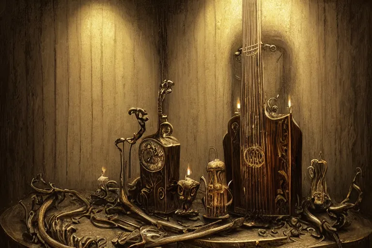 Prompt: still life of a cursed carved wooden baroque demonic oud with ebony inlay and strings of pain, designed by brian froud and hr giger leans against the wall alone, abandoned. an empty brutalist chamber, lonely, somber, a thin wisp of smoke rises from the lute. late afternoon lighting cinematic fantasy painting by jessica rossier