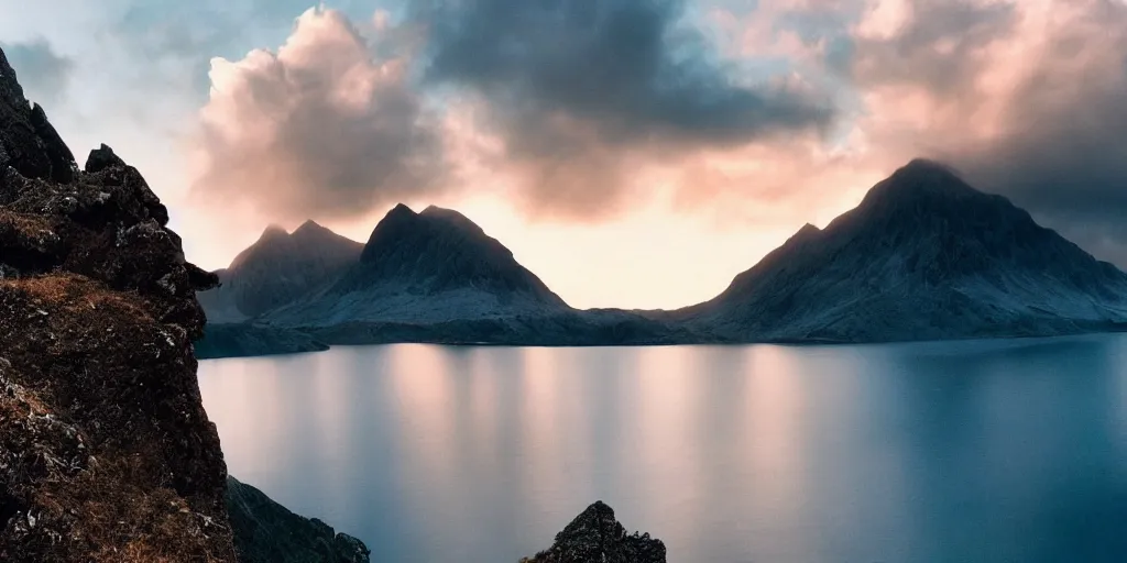 Prompt: Crib Goch!!!!!!!!!!! ridge, rays, epic, cinematic, photograph, atmospheric, dawn, golden hour, sunrise, sky, clouds, lake, arthouse cinema, Sofia Coppola, soft focus