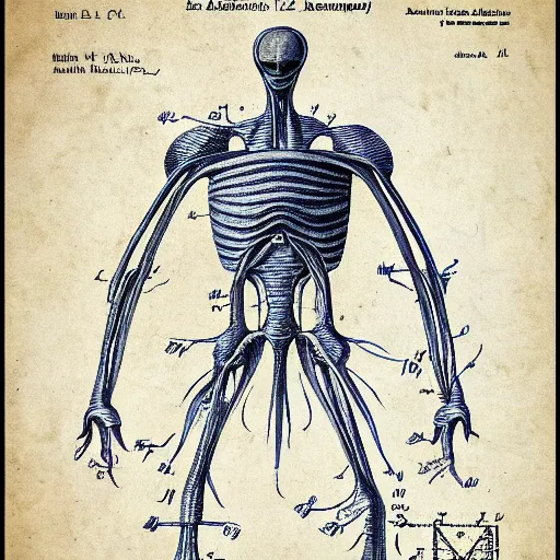 Prompt: 1 2 century scientific schematics alien anatomy, handwriting annotations!!!, blueprint, patent registry