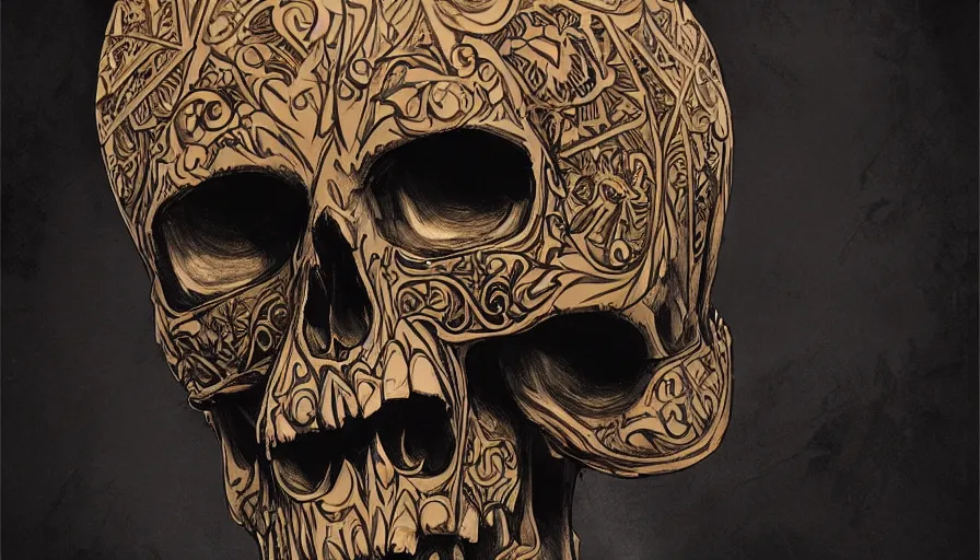 Prompt: concept art skull by jama jurabaev, the skull is decorated with art deco patterns, cinematic shot, trending on artstation, high quality, brush stroke