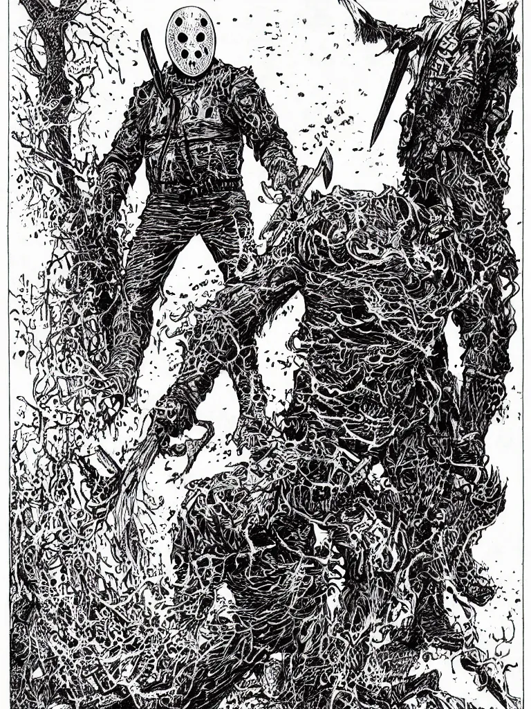 Prompt: Jason Voorhees as a D&D monster, pen-and-ink illustration, etching, by Russ Nicholson, DAvid A Trampier, larry elmore, 1981, HQ scan, intricate details, high contrast