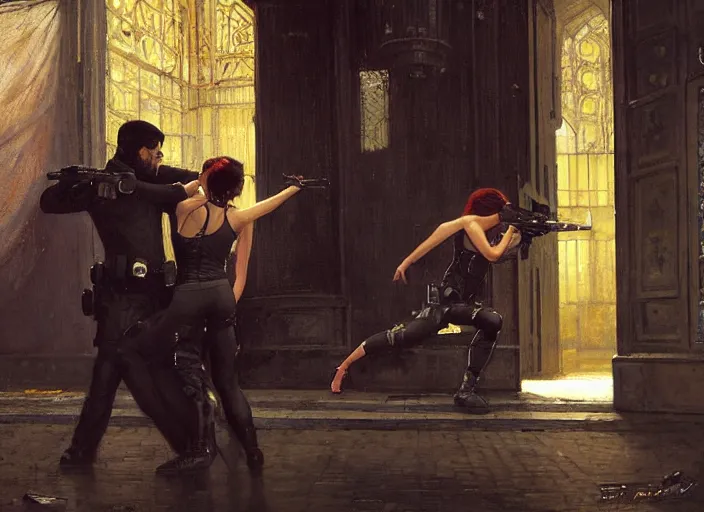 Prompt: Maria evades sgt bob Griggs. Athletic Cyberpunk hacker escaping Menacing Cyberpunk police trooper griggs. (dystopian, police state, Cyberpunk 2077, bladerunner 2049). Iranian orientalist portrait by john william waterhouse and Edwin Longsden Long and Theodore Ralli and Nasreddine Dinet, oil on canvas. Cinematic, vivid colors, hyper realism, realistic proportions, dramatic lighting, high detail 4k