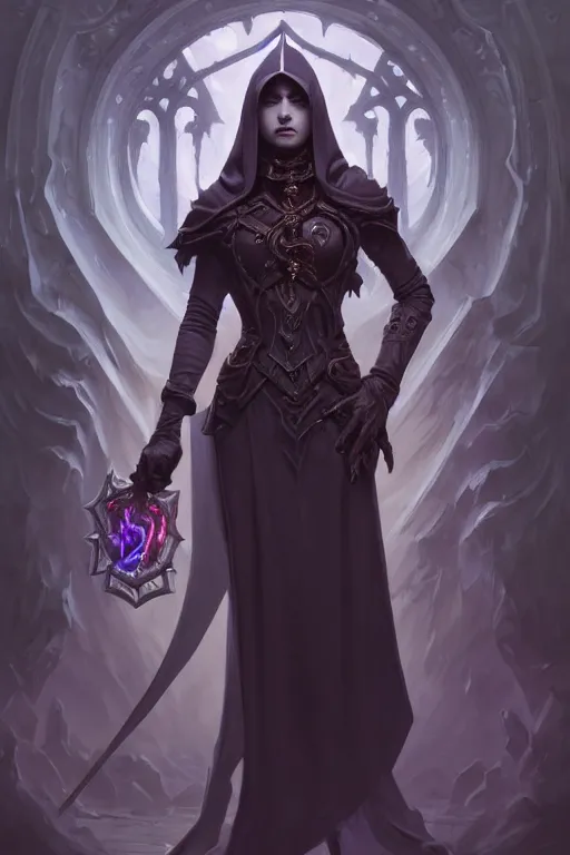 Prompt: beautiful necromancer, full body shot, hood, d & d, fantasy, intricate, elegant, highly detailed, digital painting, artstation, concept art, matte, sharp focus, illustration, hearthstone, art by artgerm and greg rutkowski and alphonse mucha, made with charcoal