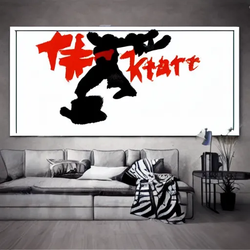 Image similar to karate kid kitten!!!! Doing a crane kick, in style of 80s movie montage, blur, kanji writing background,