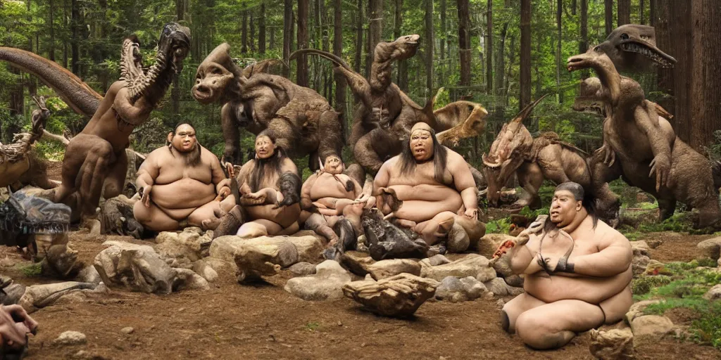 Image similar to photo, neanderthal people, sumo japanese, eating inside mcdonalds, surrounded by dinosaurs!, gigantic forest trees, sitting on rocks, bright moon