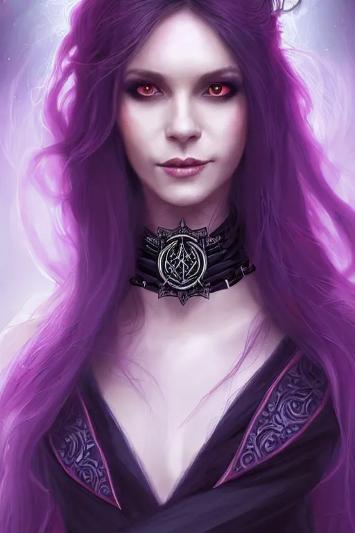 Image similar to portrait of a gorgeous female warlock, looking at camera, D&D, choker on neck, stylish dark dress, mouth slightly open, cute slightly nerdy smile, very long flowing hair, intricate, elegant, stylish, fantasy, extremely detailed, digital painting, artstation, concept art, smooth, sharp focus, illustration, stunning lighting, art by artgerm and greg rutkowski and alphonse mucha and simon stalenhag