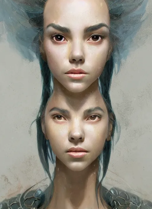 Image similar to a professional painting of a beautiful young female alien, clothed in ethereal armor, olive skin, long dark hair, beautiful bone structure, symmetrical facial features, intricate, elegant, digital painting, concept art, smooth, sharp focus, illustration, from Valerian and the City of a Thousand Planets, by Ruan Jia and Mandy Jurgens and Artgerm and William-Adolphe Bouguerea