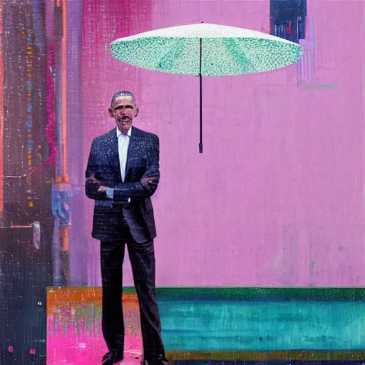 Prompt: barack obama, rain like a dream, oil painting, cyberpunk, basquiat + francis bacon + gustav klimt + beeple, elevated street art, fantasy lut, pink, blue, purple, green,