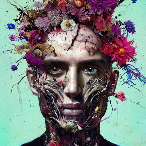 Image similar to art portrait of a man with flowers exploding out of head, cameras, decaying ,8k,by tristan eaton,Stanley Artgermm,Tom Bagshaw,Greg Rutkowski,Carne Griffiths, Ayami Kojima, Beksinski, Giger,trending on DeviantArt,face enhance,hyper detailed,minimalist,cybernetic, android, blade runner,full of colour,