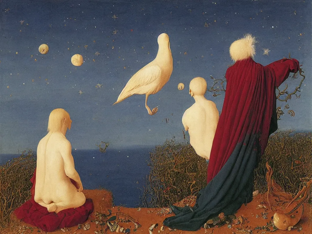 Image similar to albino mystic, with his back turned, looking in the distance at the night sky with stars over the ocean with beautiful exotic bird. Painting by Jan van Eyck, Audubon, Rene Magritte, Agnes Pelton, Max Ernst, Walton Ford