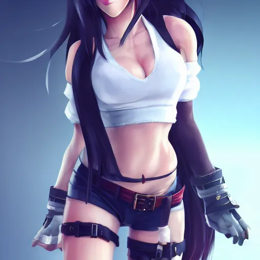 Image similar to head to toe shot of tifa lockhart by wlop, rossdraws, mingchen shen, bangkuart, sakimichan, yan gisuka, jeongseok lee, artstation, 4k