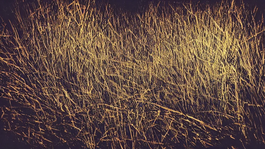 Prompt: It is dark all around. The wind and torchlight make whorls of shadow and light as you as you weave among the grass; blinding silver, viridescent at shoulder height, at play. night time photography. vivid cosmic psychedelic polaroid.